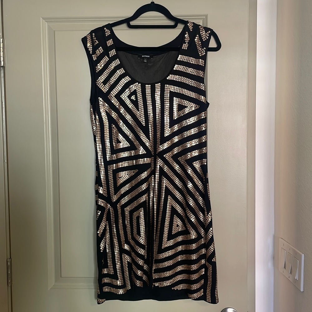 Express black and gold stretchy sequin dress